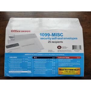 25 Office Depot 1099-MISC Envelopes, Security Self-Seal, Double Window - 552-037